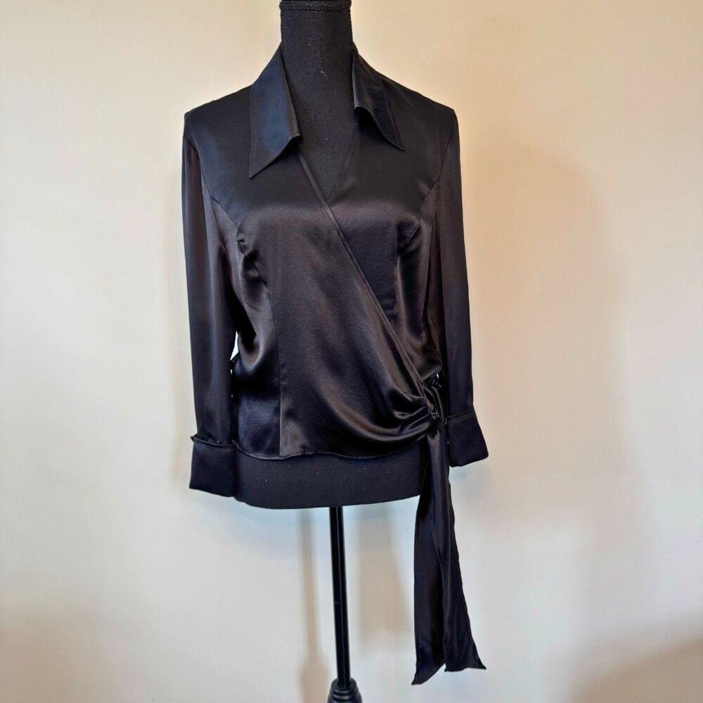Escada 100% Silk Black Wrap Around Blouse with Crystal Button Cuff Size 8
